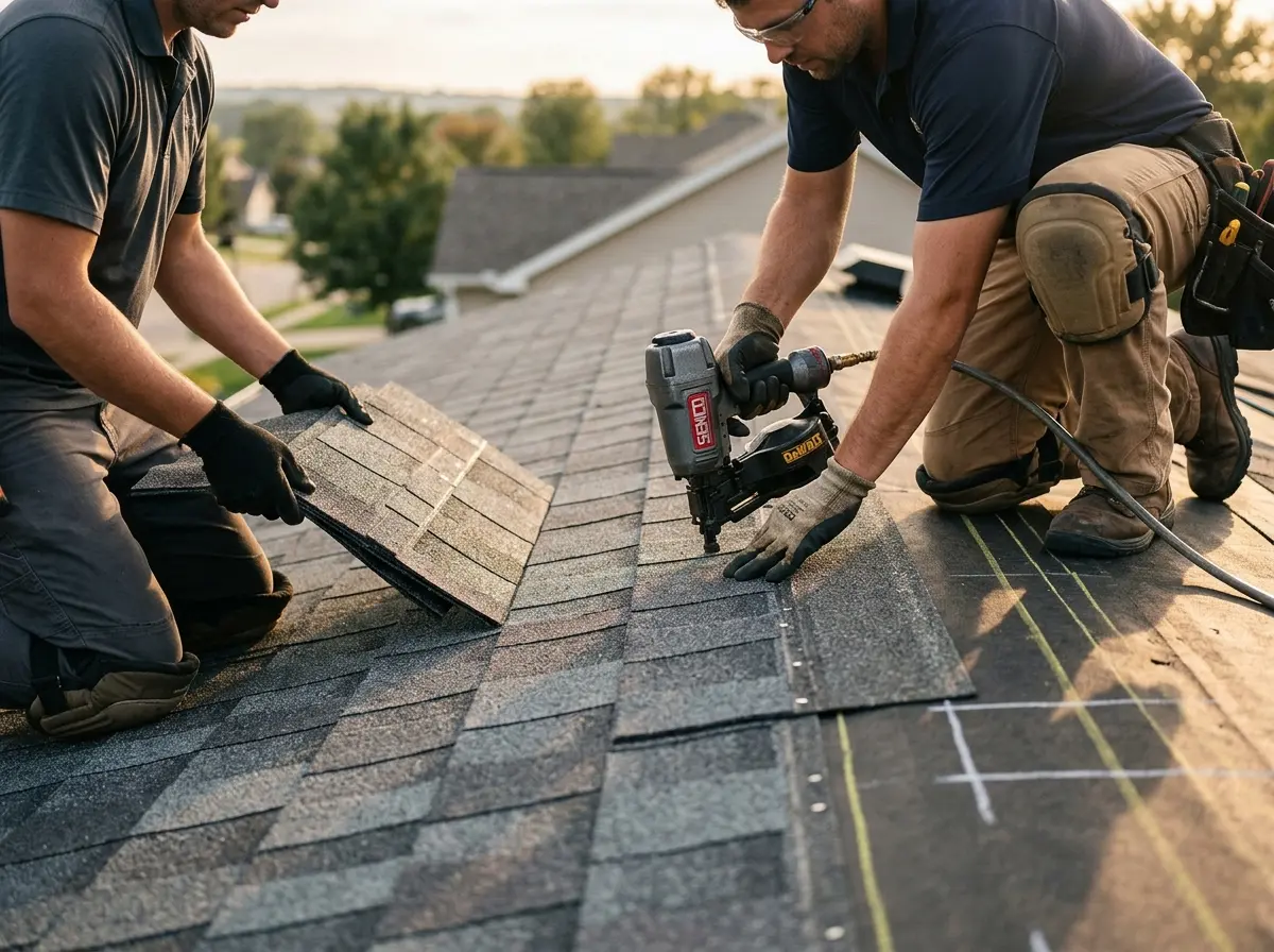 Professional roofer working on a residential roof in Reynolds
